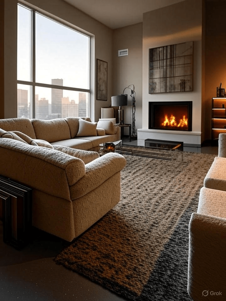 Nowoczesny kominek w salonie, ciepłe światło, wieczór, wnętrze z kanapą i lampą, Precom Toruń