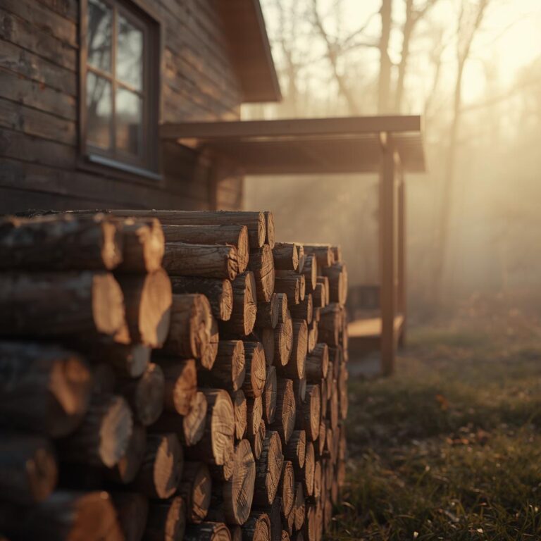 Jak szybko wysuszyć drewno do kominka – ułożone polana pod drewnianą wiatą w ciepłym świetle jesieni, gotowe do sezonu grzewczego.